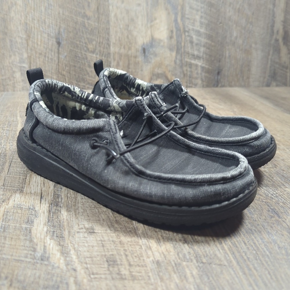 Hey Dude Youth Size J1 Wally Walls Y Woodlands Black Grey Comfort Slip On Loafer